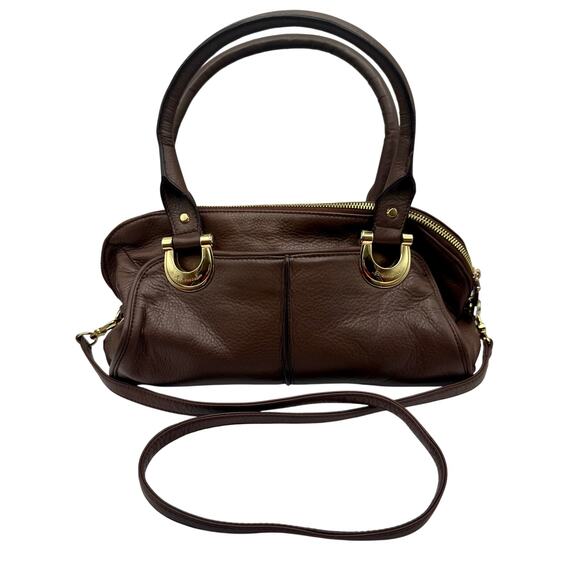 B. Makowsky Brown Glove Leather Satchel with Gold Hardware & Plum Lining - Picture 1 of 11
